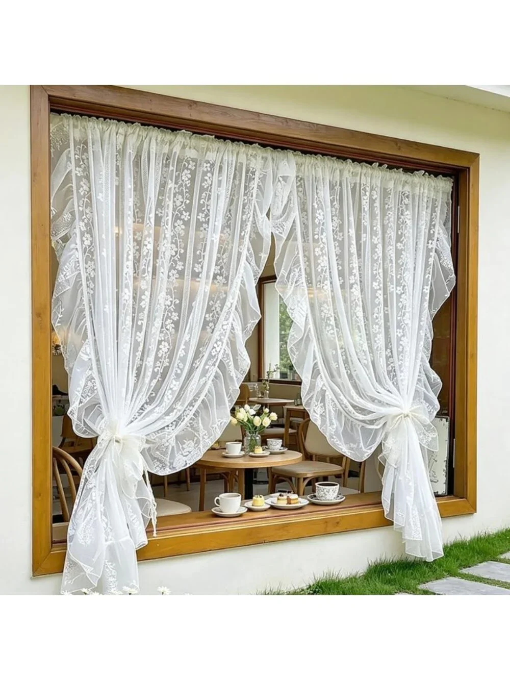 White Lace Curtain with Ruffles - Floral Knitted Design for Girls' Bedroom Decor